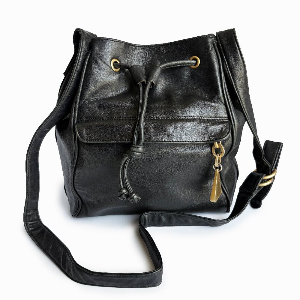 Americana by Sharif Drawstring Bag Black Leather Retro 80s Crossbody Vin…
